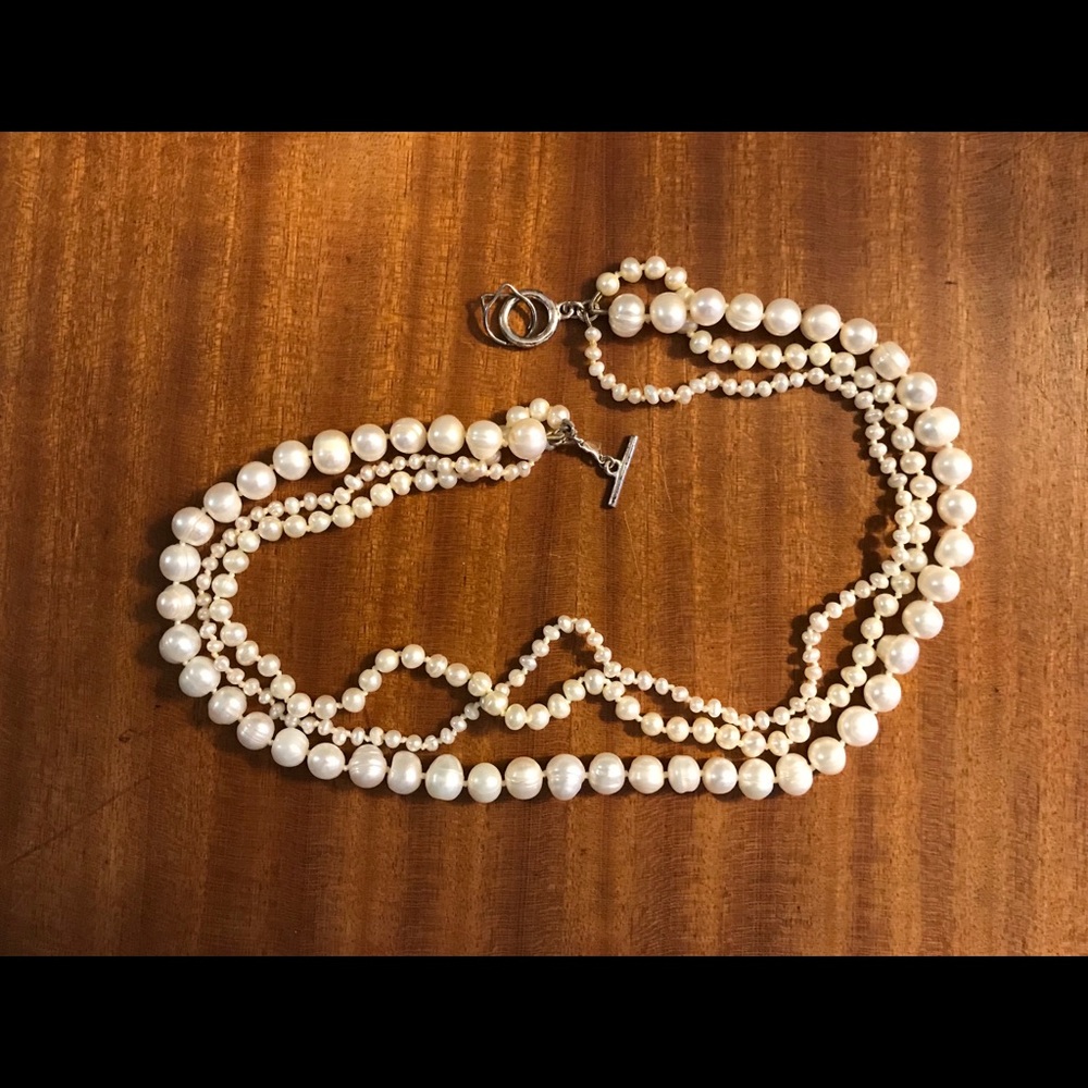 Triple Strand Pearl Necklace Sterling Silver Clasp